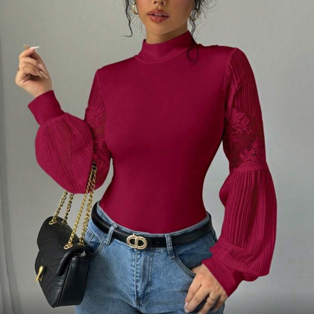 Elegant Red Floral Lace Sleeve Women's Body’s Top